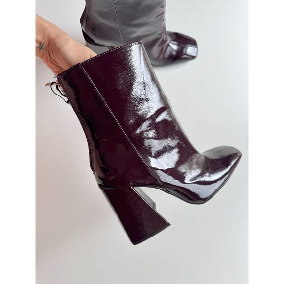NWOT ZARA Dark Burgundy Patent Faux Leather Block Heel Ankle Boots, Size 40 - Picture 3 of 14